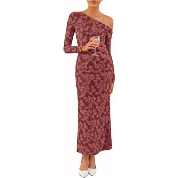 Women's Floral Off Shoulder Bodycon Maxi Dress Red Brown - Picture 1 of 6